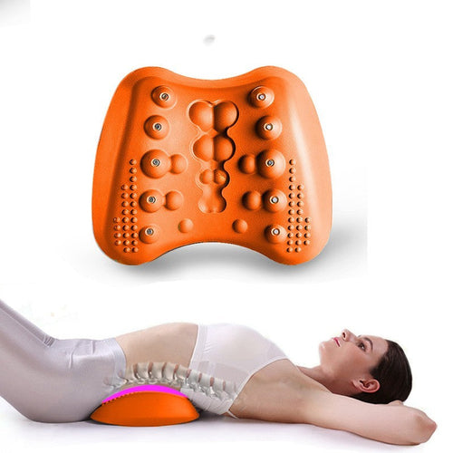 Orange massage cushion being used by a person on a white background