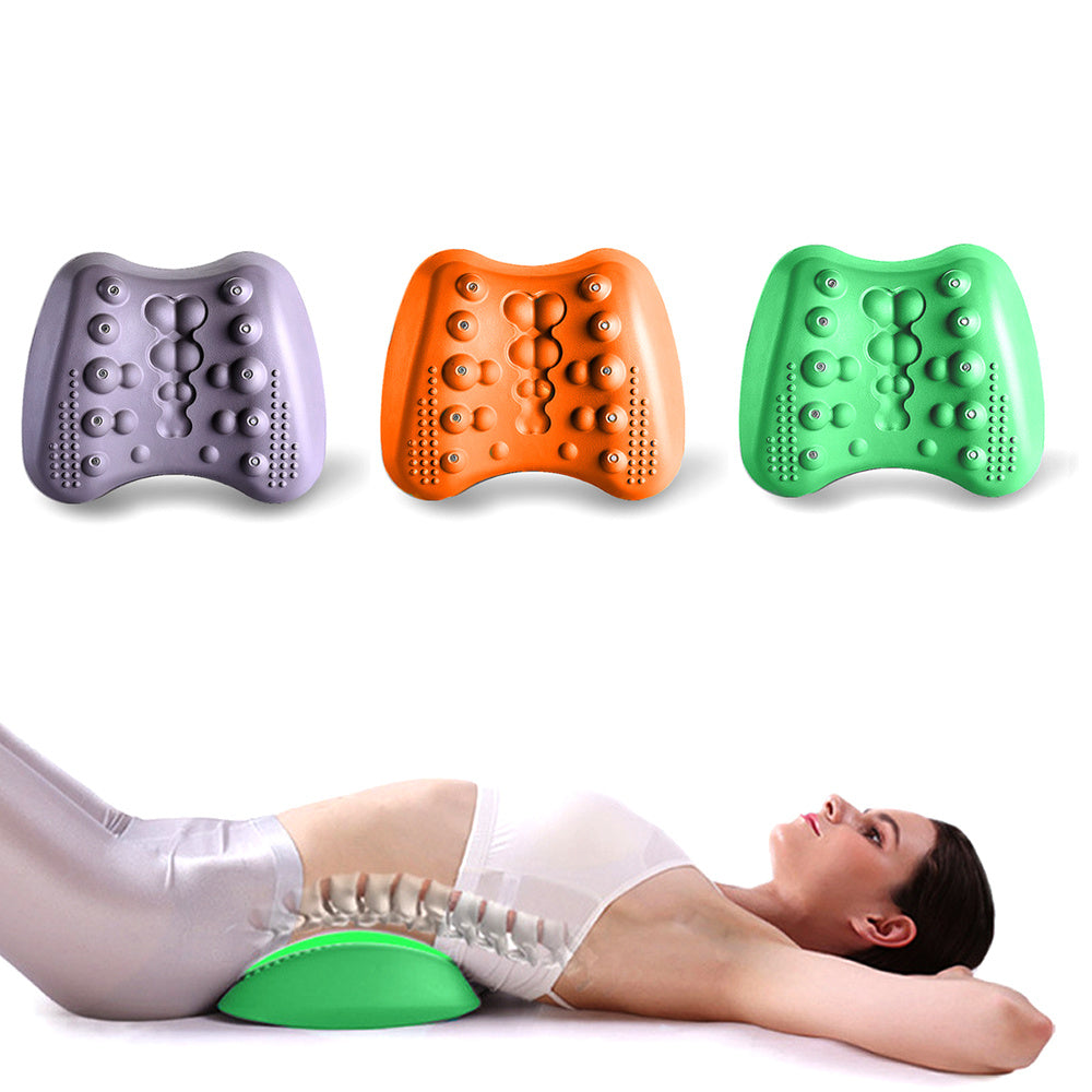 Three colorful back massagers on a white background with a person lying down using one of them.