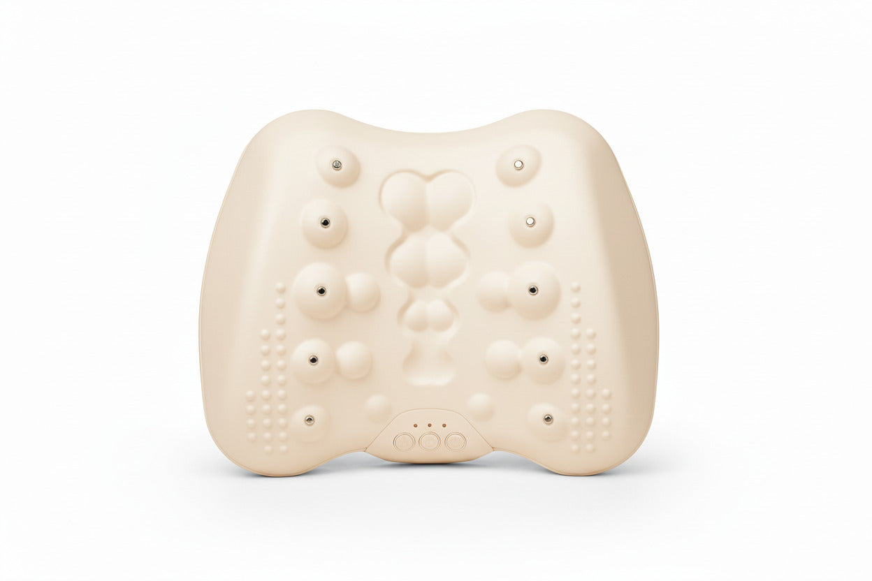 Gray massage pillow with raised nodes on a dark surface