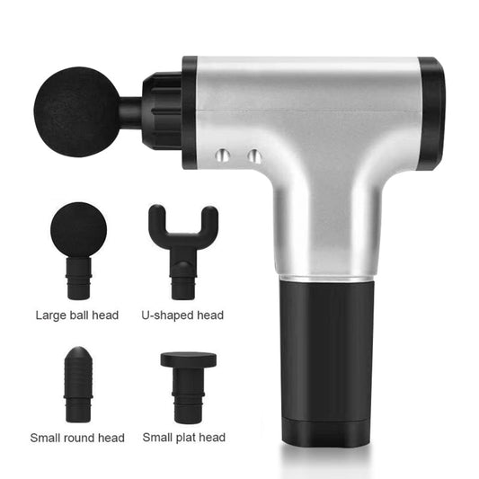 Massage gun with interchangeable heads on a white background
