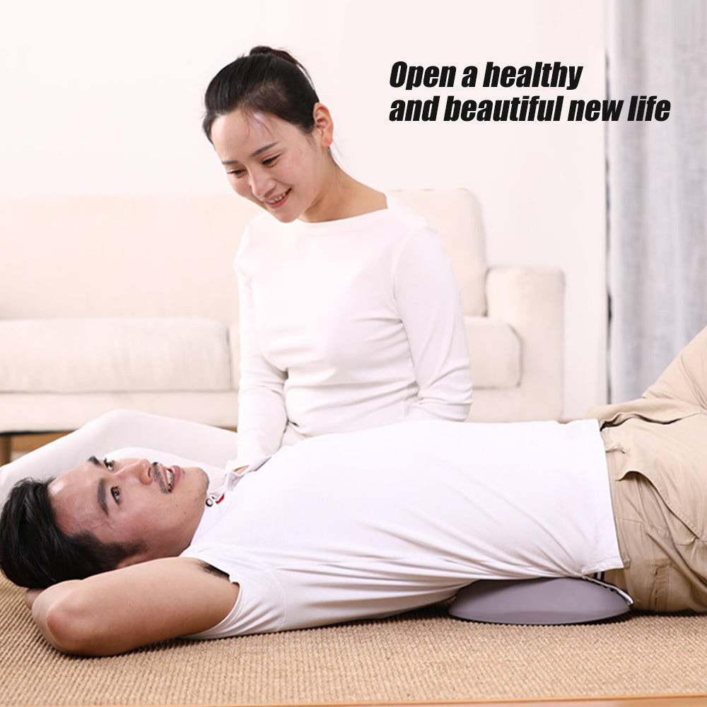 Woman assisting a man with a massage pillow on a couch, with text 'Open a healthy and beautiful new life'.