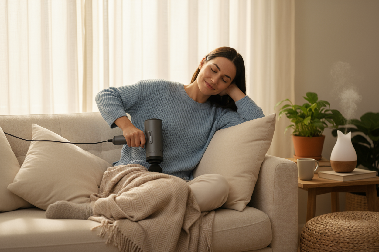 Person sitting comfortably using massage gun on lower back, relaxed home environment, visible relief on face, warm natural lighting, wellness atmosphere